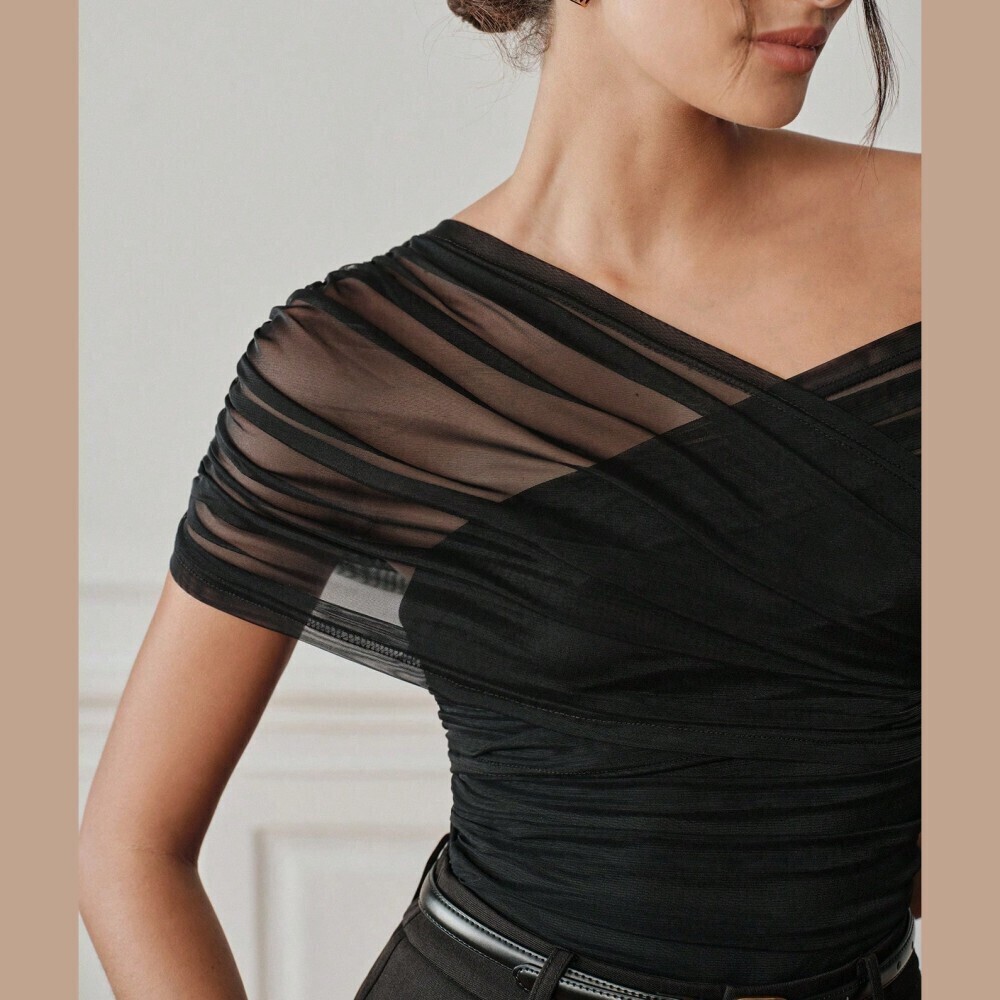 Black Sheer Mesh Ruched Asymmetrical Neck One Shoulder Bodysuit - Picture 3 of 10